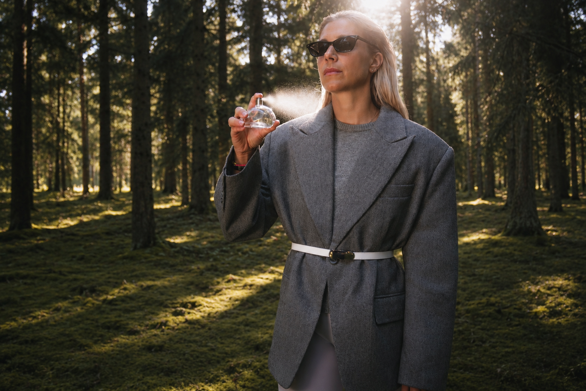 A woman in a gray belted blazer and sunglasses stands in a sunlit forest, holding a clear spray bottle with a pink trigger and misting the air. The background shows tall trees and dappled sunlight on the forest floor.